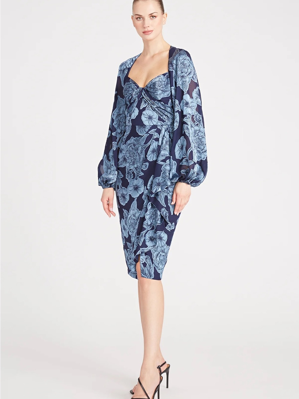 Theia Joslyn Bishop Sleeve Blue Floral Midi Dress